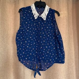 Polka Dot Floral Lace Collar Button Down Top